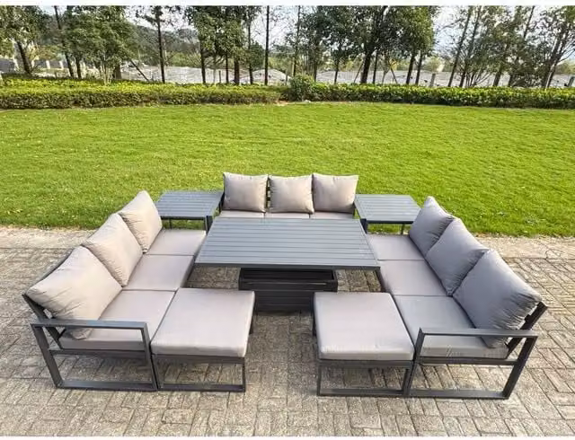 Fimous Modern Aluminum Patio Conversation Set in Dark Grey with Lifting Table and 2 Side Tables