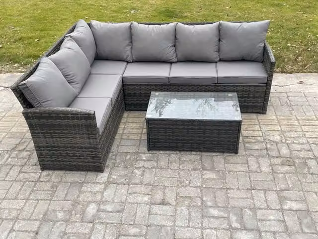 Fimous Rattan Lounge Corner Sofa Set with Rectangular Coffee Table in Dark Grey Mixed