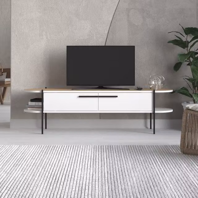 Decortie Modern Oak and White Wood TV Stand Multimedia Centre