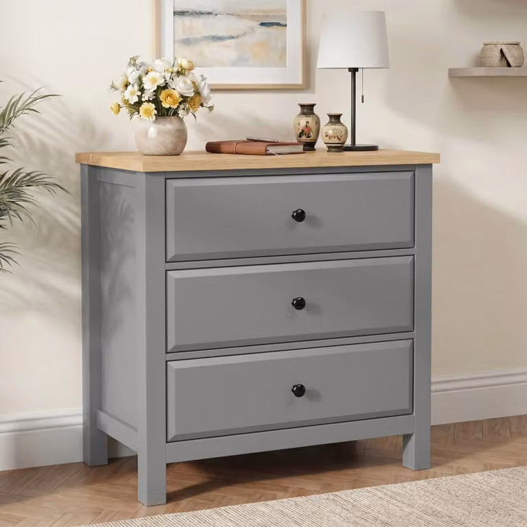 DHS Grey Painted 3 Chest of Drawers with Oak Top, W: 83 cm, D: 42 cm, H: 80 cm