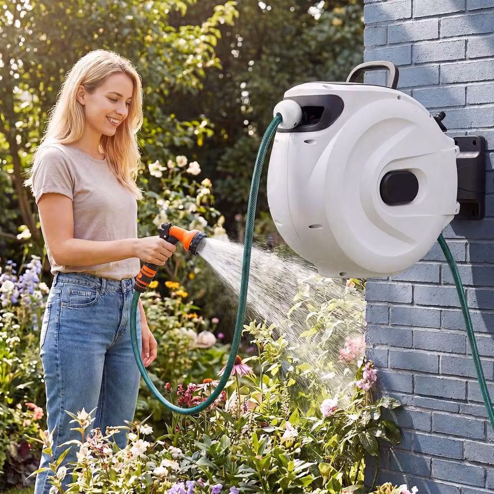 Gymax White Wall-Mounted Retractable Hose Reel with Auto-Rewind, 1/2 Inch, 20m + 2m – 4