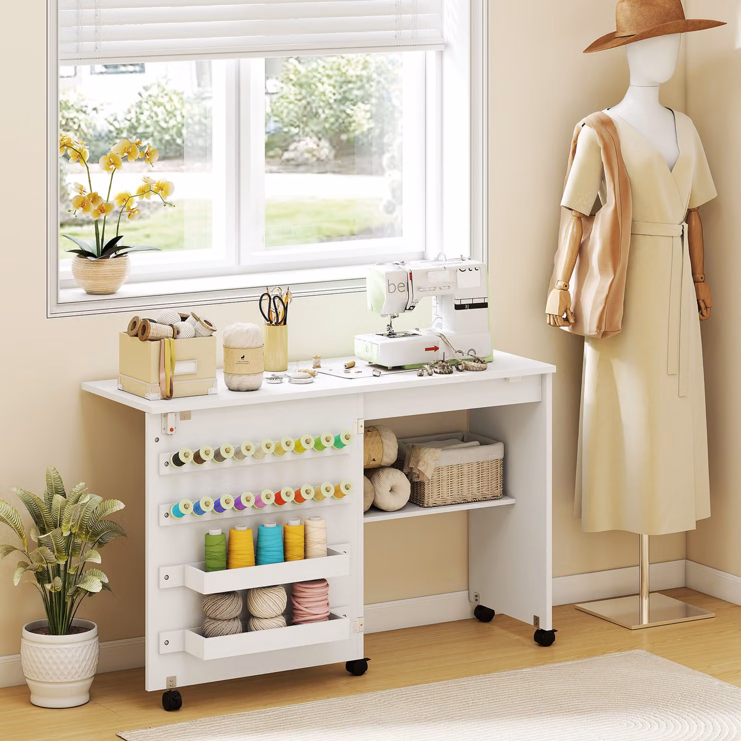 HOMCOM White Folding Sewing Table with Rolling Craft Storage and Lockable Casters – 2