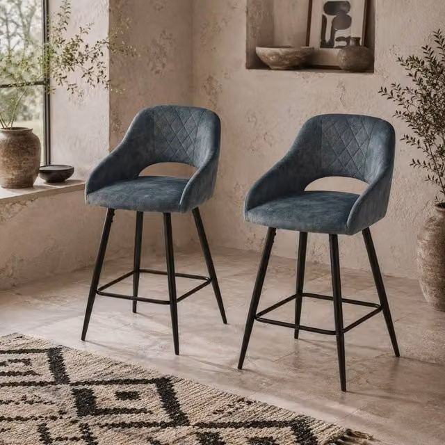 Wyld Haus Lona Bale Set of 2 Blue Velvet Counter Height Bar Stools with Metal Frame