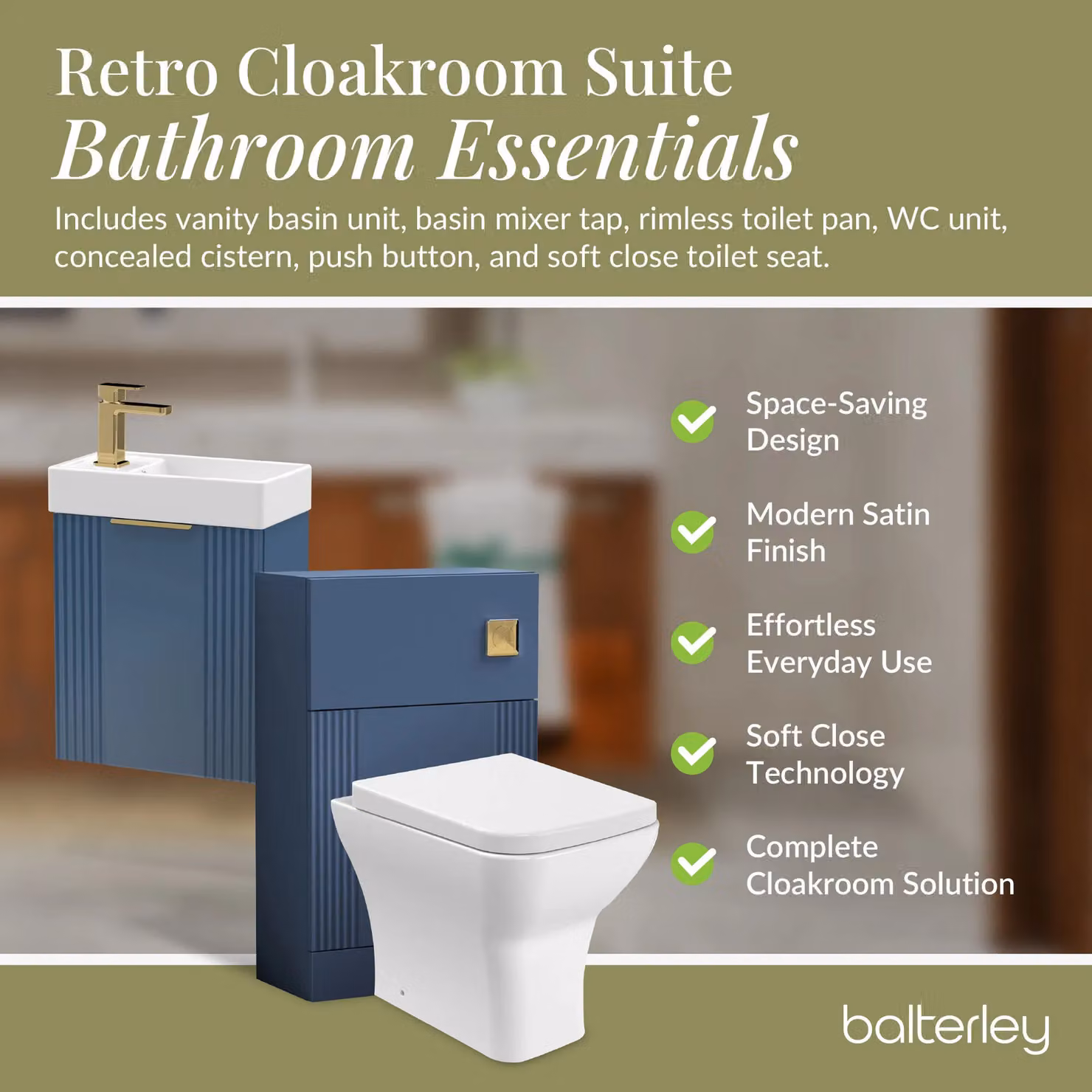 Balterley Modern Wall Mounted Grey Cloakroom Vanity Unit with Anthracite Brass Tap Set and Ceramic Toilet – 3