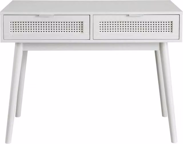 FORGEVIO White Rattan 2 Drawer Console Desk for Hallway, Bedroom or Living Room