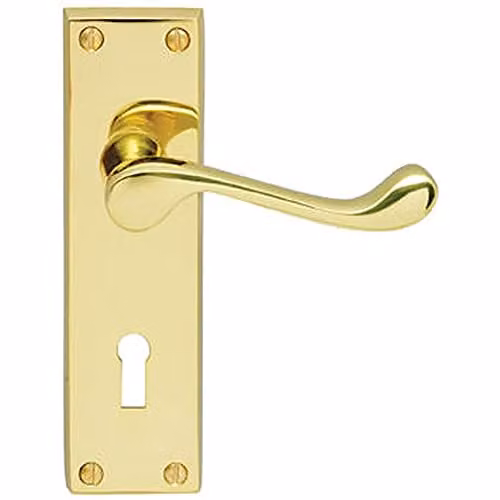 Loops Victorian Scroll Lever on Rectangular Lock Backplate in Polished Brass, W: 15.5 cm, H: 4.1 cm