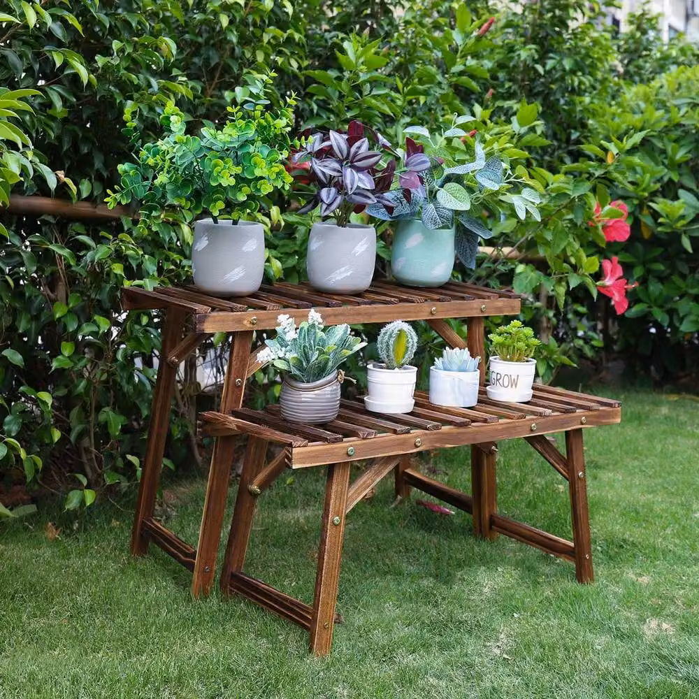 KORVIXA 3-Piece Rustic Pine Wood Ladder Plant Stand in Brown – 2