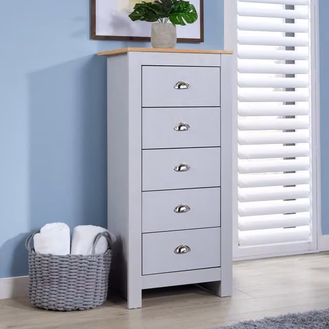Home Source Camden 5 Drawer Chest Grey Wood Bedroom Storage Unit