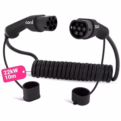 Cord Type 2 to Type 2 EV Coiled Charging Cable, 32amp, 22kW, 10 Metre (8m usable), Three Phase