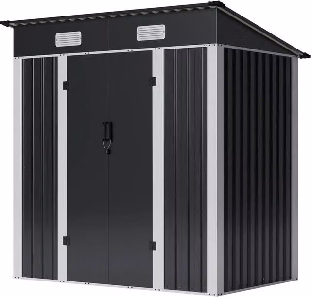 Kelvenix Black Metal Pent Roof Garden Shed with Single Door and Roof Vent, W/D/H: 182.88 x 121.92 x 181.0 cm