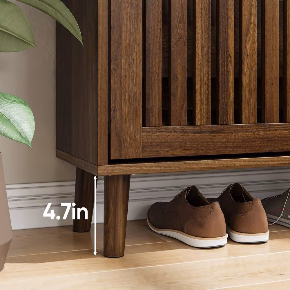 Merax Slim Walnut Shoe Storage Cabinet with 2 Tilting Compartments and Open Shelf – 3
