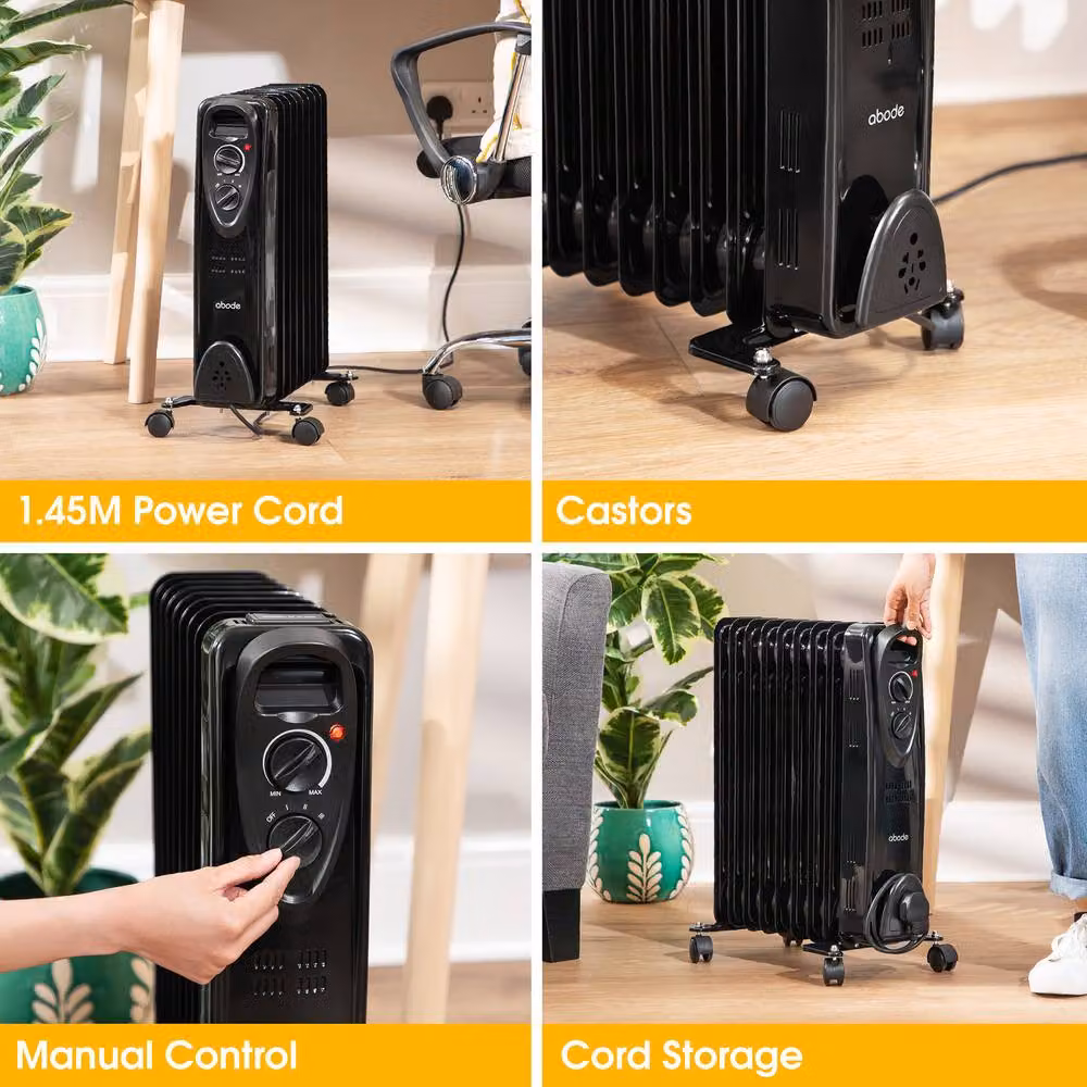 Abode 2000W 9 Fin Oil Filled Radiator Portable Electric Heater in Black – 7