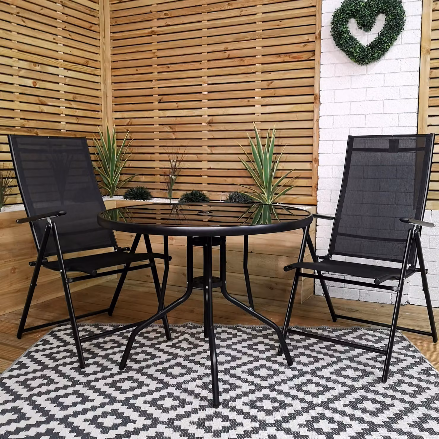 Samuel Alexander Outdoor 2 Person Round Glass Top Garden Dining Table and Chairs Set in Black – 3
