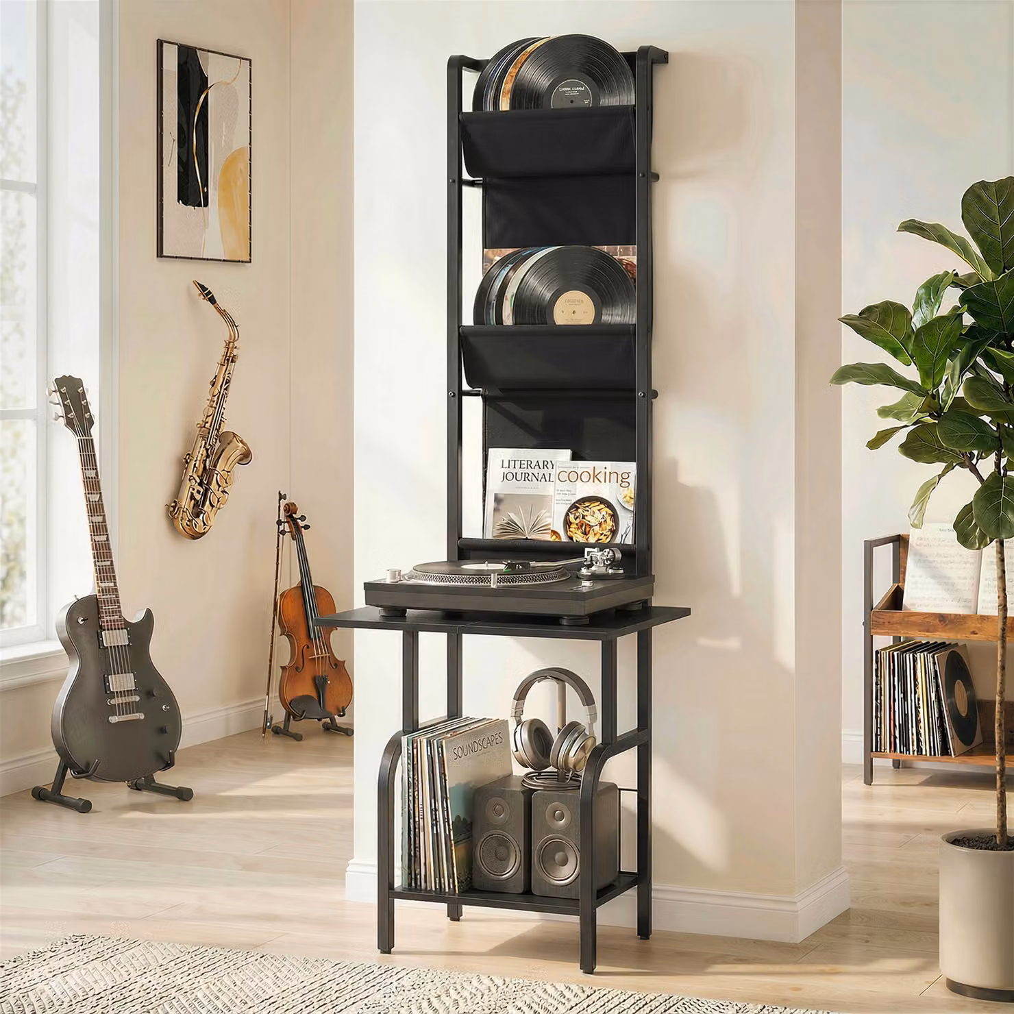 HOMCOM Black Vinyl Record Player Stand with Oxford Fabric Pockets and Bottom Shelf – 2