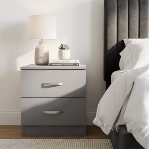 FWStyle Matt Grey 2 Drawer Bedside Table with Chrome Handles W: 47 cm, D: 40 cm, H: 39 cm – 4