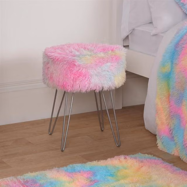 OHS Fluffy Tie Dye Hairpin Stool in Pink and Multicolour