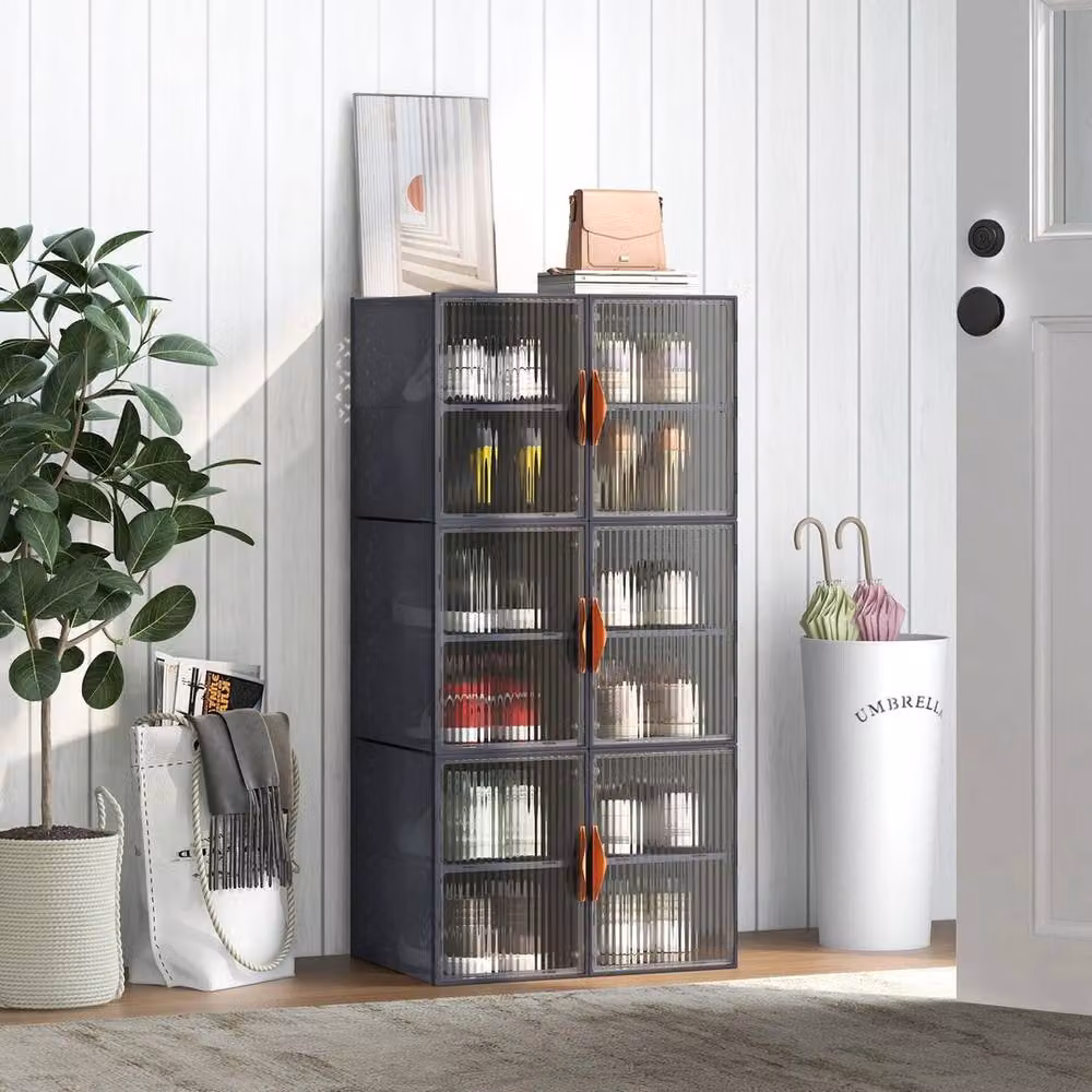 Kelvenix 6 Pack Stackable and Foldable Shoe Storage Boxes in Grey and Transparent with Handles, W: 50 cm, H: 50 cm – 3