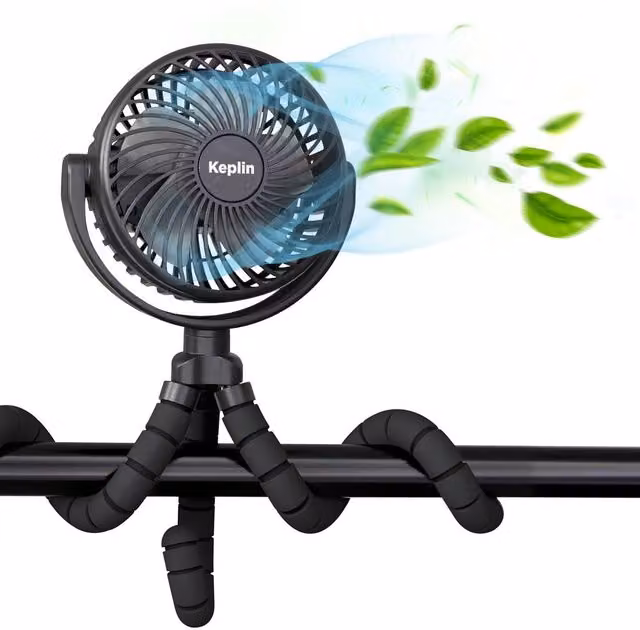 Keplin Portable Rechargeable Mini Stroller Fan in Black with 5000mAh Battery and 3 Speeds – 1