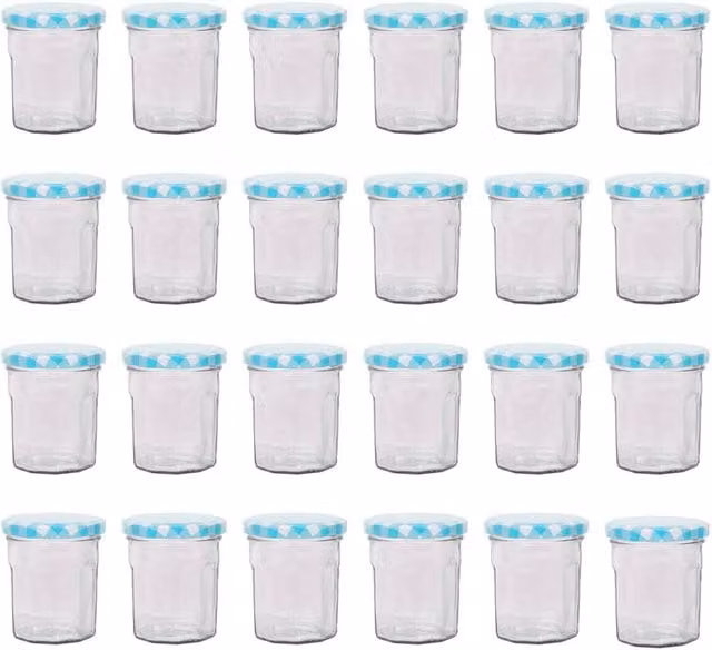 Argon Tableware Set of 24 Blue Glass Jam Jars with Silver Screw Tops, 150 ml – 1