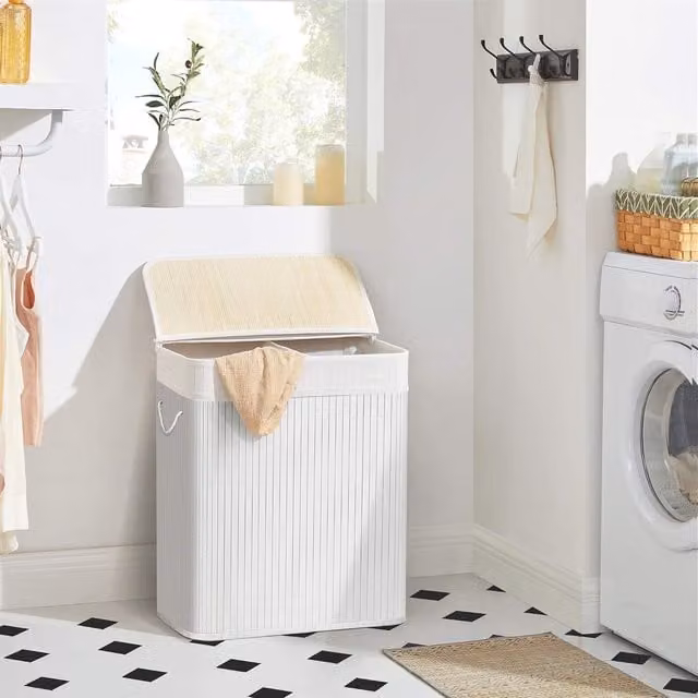 SONGMICS Large Bamboo Laundry Basket with 2 Sorting Compartments and Removable Cotton Bag in White
