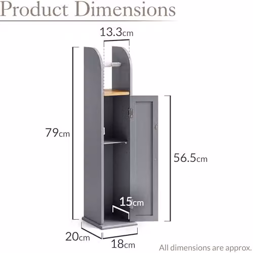 Christow Freestanding Grey Toilet Roll Holder Cabinet with Bamboo Wood Accents and Internal Shelves – 2