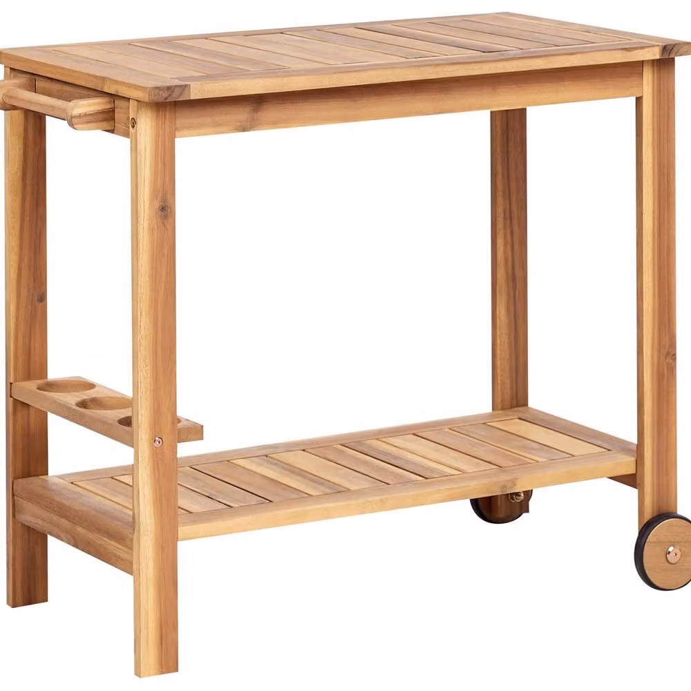Wyld and Coco Garden Serving Cart, 2-Tier Brown Acacia Wood Wheeled Trolley, W: 90 cm, D: 47 cm, H: 74 cm – 2