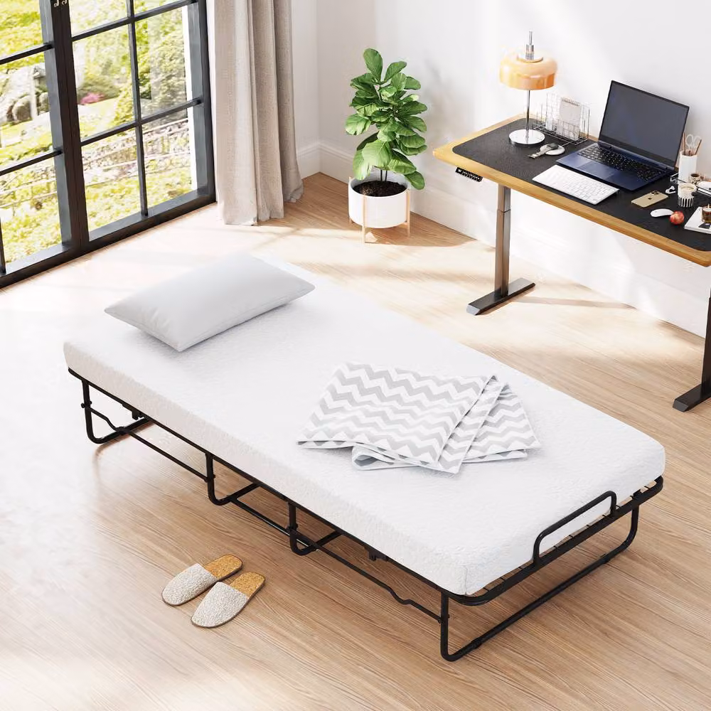 Costway Single Size Folding Rollaway Guest Bed with White Memory Foam Mattress – 2