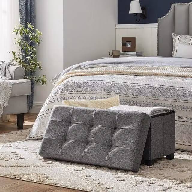 The Bazaarist Foldable Storage Ottoman Bench with Hidden Compartment in Dark Grey