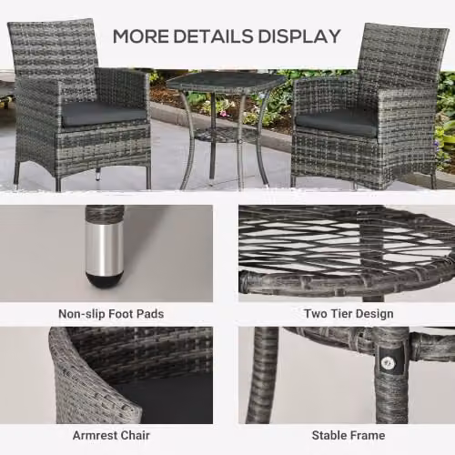 Outsunny 3 Piece Rattan Bistro Set with Glass Top Table and Chairs in Anthracite Grey – 4