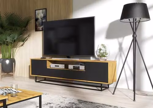Creative Furniture Rift Loft Industrial Style TV Unit in Oak and Black Matt, 200cm – 4
