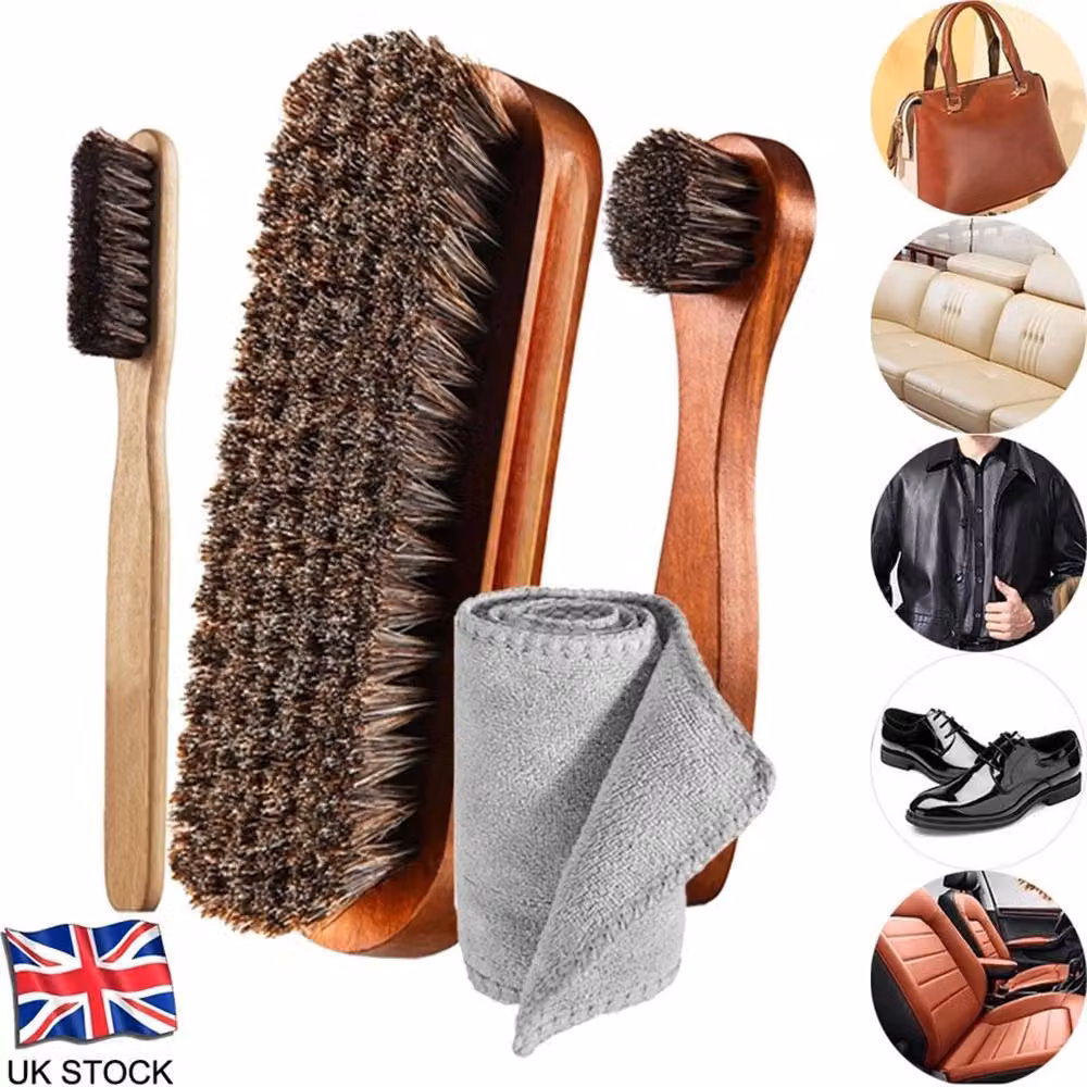VOGREX 3-Piece Horsehair Shoe Brush and Microfibre Cloth Set in Brown – 6