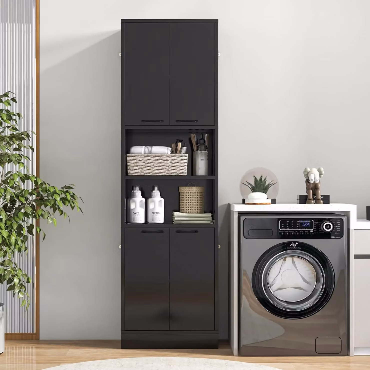 Gymax Black Freestanding Tall Kitchen Cabinet with Hinged Doors and Internal Shelves, Height: 190 cm – 5
