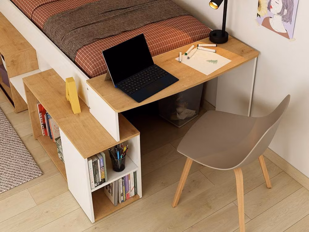 Vente-unique Single Combined Bed with Desk and Storage in White and Black, W/D/H: 200 x 90 x 117.6 cm – 3