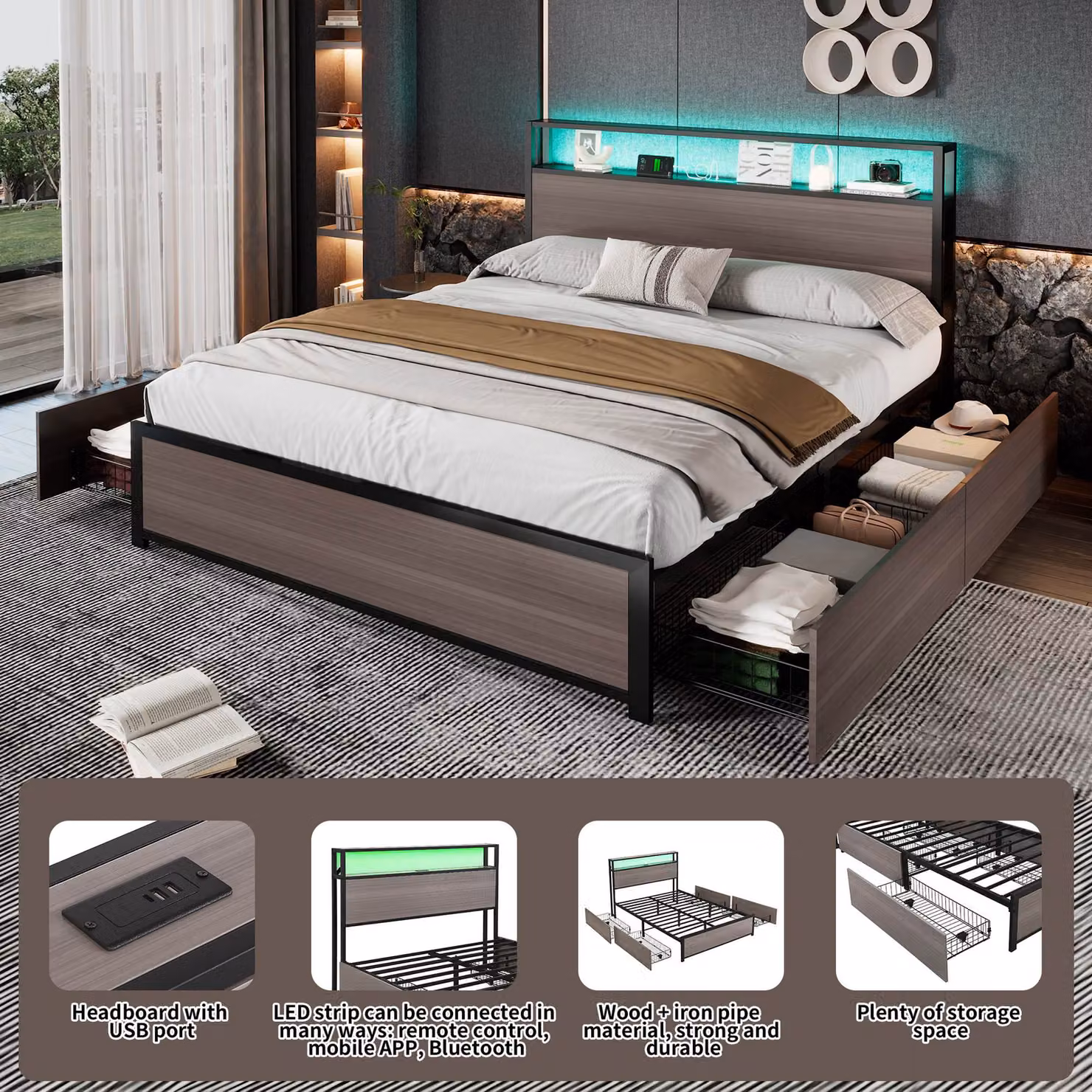 Aosom.UK Metal Double Bed with LED Light Strip, 4 Drawers and 3 USB Ports, Grey, W/D/H: 135.5 x 207 x 105 cm – 3