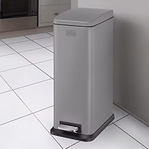 BLACK+DECKER BXBN00014E 20L Grey Slimline Stainless Steel Pedal Bin with Soft Close Lid and Removable Inner Bucket, H 56cm x W 22cm x D 36cm