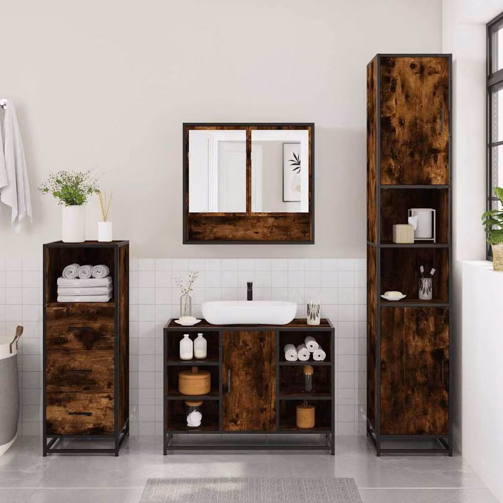 Berkfield Home 3 Piece Industrial Bathroom Furniture Set in Smoked Oak Brown, including Mirror Cabinet, Vanity Unit and Tall Cabinet – 2