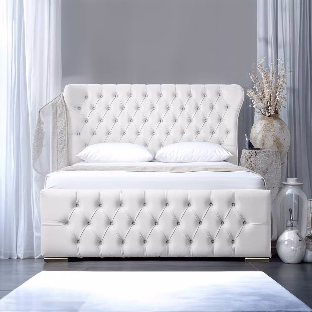 UK Bed Furniture Isabella Upholstered Slatted Base Bed with 48 Inch Wingback Headboard in White, W/D/H: 180 x 200 cm – 2