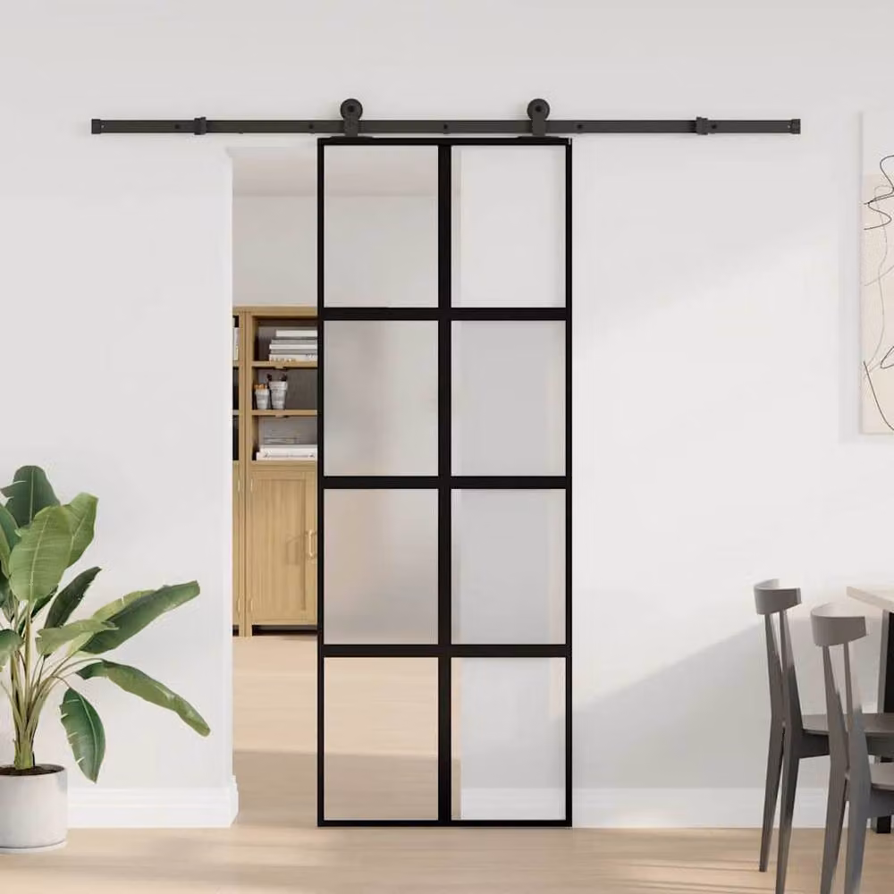 Berkfield Home Sliding Door with Hardware Set, Black Aluminium and Transparent Tempered Glass, W: 76 cm, H: 205 cm – 2