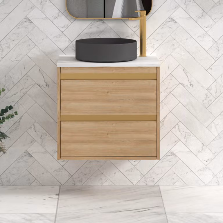 Royal Bathrooms Orion 600mm Natural Oak Wall Hung 2 Drawer Vanity Unit with Art Round Basin and Brushed Brass Accent Trim