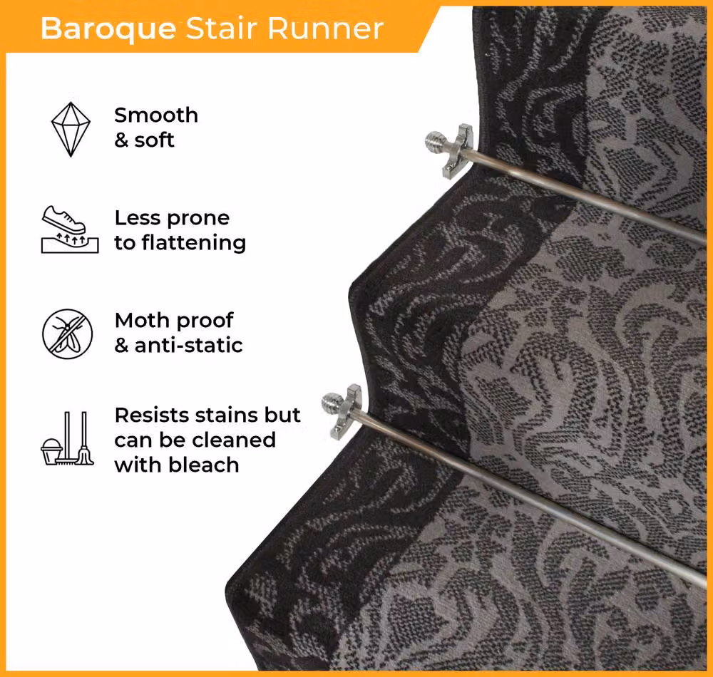 runrug Baroque Stair Runner Carpet in Black, W: 80 cm, L: 480 cm – 3