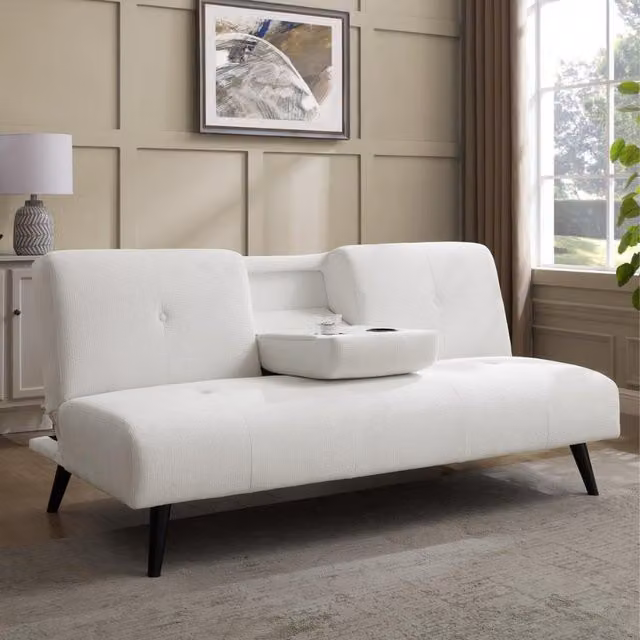 Chicory Cream Linen Upholstered Sofa Bed with Cup Holder Tray, W/D/H: 182 x 108 x 86 cm
