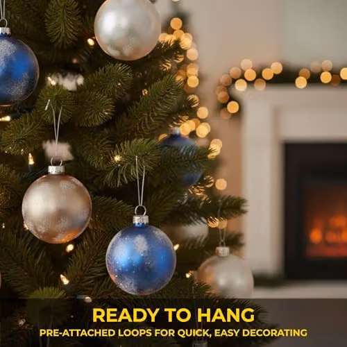 Shatchi 12-Piece Set of Classic Geometric Glass Baubles in Blue, Gold and White, Diameter: 8 cm – 3