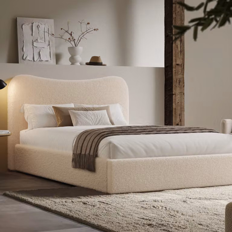 DHS Curved Headboard Ottoman Storage Bed in Beige Boucle, King Size (180 x 200 cm)