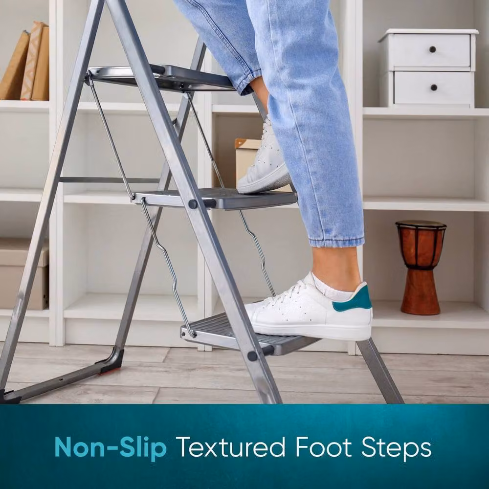 VOGREX Grey Folding Steel Step Ladder Stool with Non-Slip Rubber Feet – 3