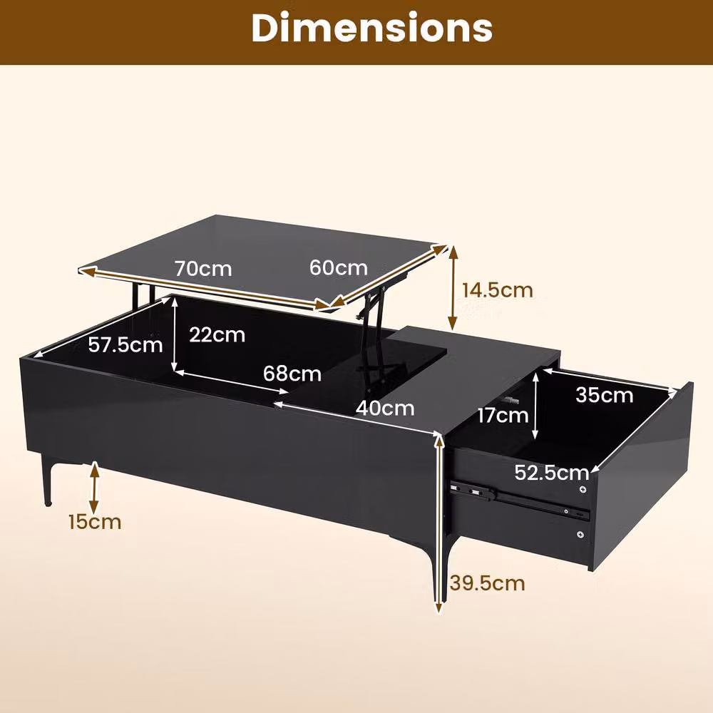 Costway Modern Lift Top Coffee Table and Sofa Side Table in Black High Gloss Finish – 2