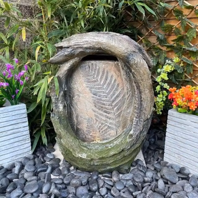Tranquility Fossil Leaf Traditional Solar Water Feature in Grey Stone