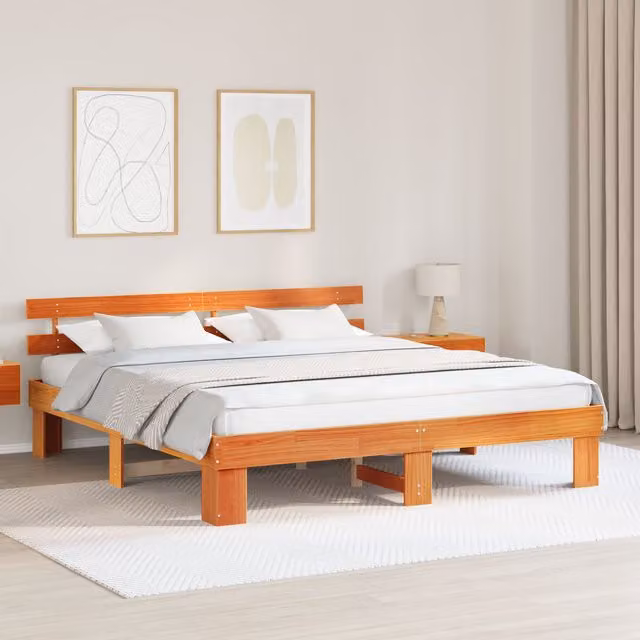 Berkfield Home Brown Solid Wood Pine Bed Frame with Headboard W/D/H: 180 x 200 x 73 cm