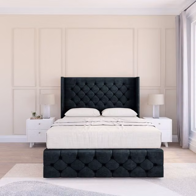Sloomy Luthor Naples Black Velvet Wingback Bed Set with Floor Standing Headboard, Small Double