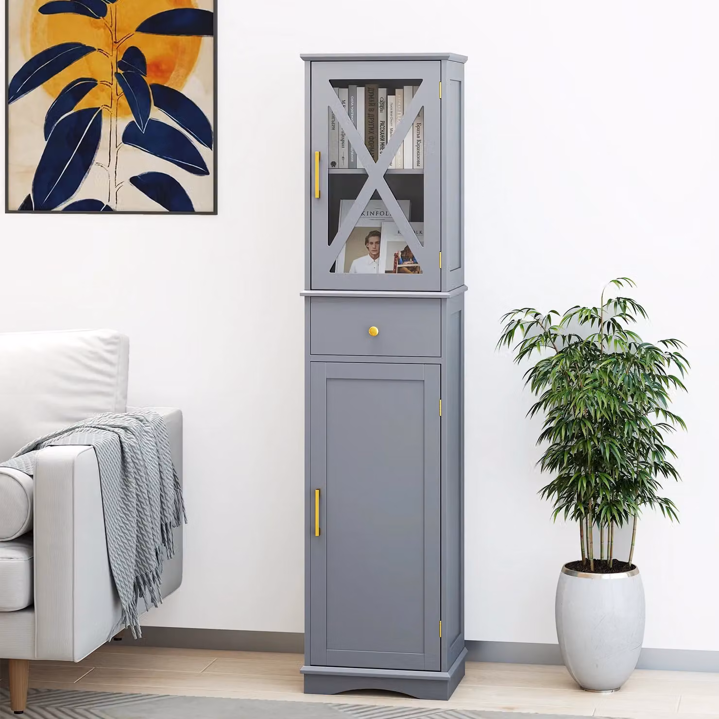 Gymax Freestanding Tall Narrow Storage Cupboard with Glass Doors in Grey and Gold – 4