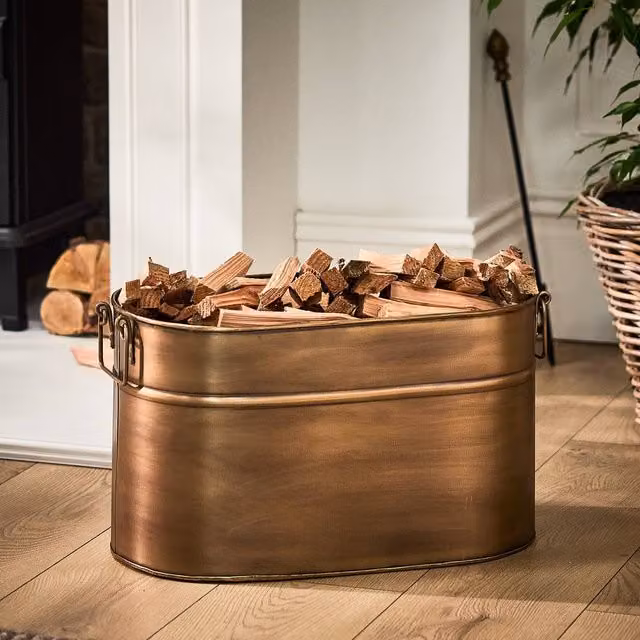 Dibor Antique Brass Gold Oval Fireplace Log and Coal Storage Bucket with Handles – 1